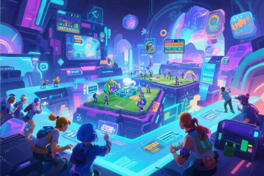 多人在线合作策略游戏场景,玩家在虚拟世界中协作完成任务,画面充满活力和未来感